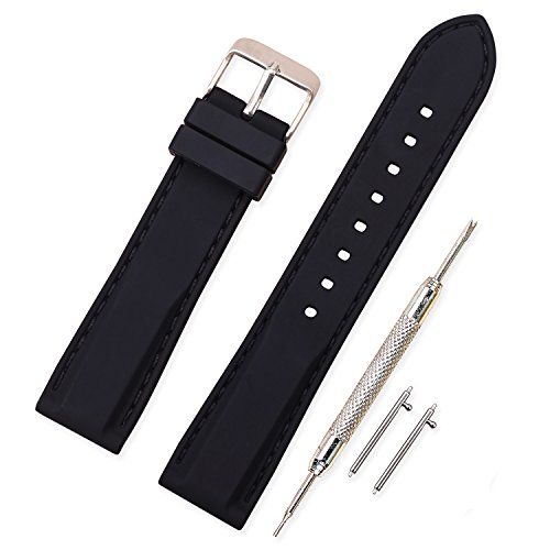 Vinband Correa Silicona Reloj Correa Suave Reemplazo de Banda de Acero Inoxidable Hebilla - 18, 20, 22, 24 mm Correas de Cuero para Reloj (24mm, Negro-Negro)