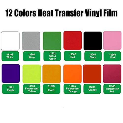 Vinilo de transferencia de calor para tela de camisetas - 12 hojas de colores surtidos - Hierro en HTV Kit de inicio de color vinilo para Cricut y Silhouette Cameo, 30x25cm