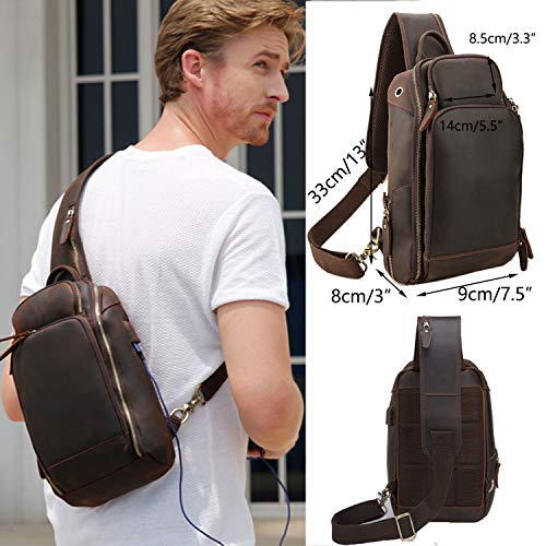 Vints - Bolso bandolera de piel de grano completo con puerto de carga USB para hombre, para tablet de 10 pulgadas con múltiples bolsillos, color marrón, color Marrón, talla Medium