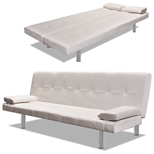 Vislone Ajustable Sofá Cama con 2 Almohadas y 3 Posiciones Ajustables Cuero Artificial 168x77x(61,5/64/66) cm Blanco Crema