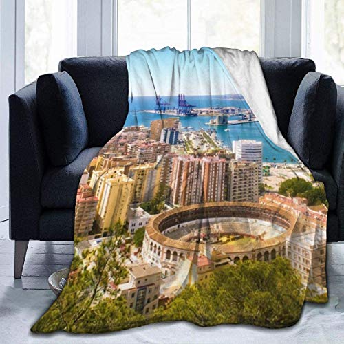 Vista aérea de Málaga con la plaza de toros y el puerto España Ciudad europea tradicional Franela de felpa Suave manta de tiro Manta de cama de lujo acogedora súper suave negra Microfibra 50 "x40"