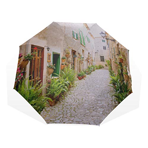 Vista de la sombrilla de Viaje de una Calle Antigua con Piedra Compacto contra la radiación Ultravioleta 3 Arte Plegable Paraguas Plegables Ligeros (impresión Exterior) Lluvia a Prueba de Viento para