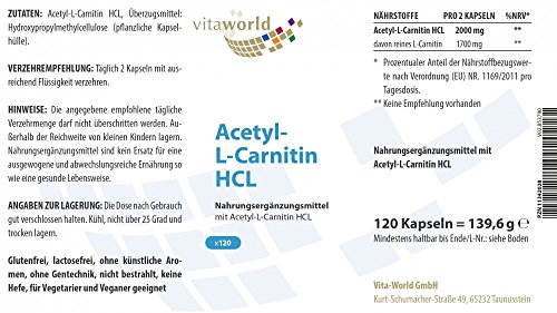 Vita World Acetil Carnitina 1000mg por cápsula 120 cápsulas de alta biodisponibilidad Made in Germany