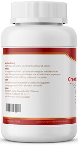 VITACONCEPT Creatin Monohydrat - 120 cápsulas monohidrato de creatina - 1000mg por cápsula - Para el desarrollo muscular