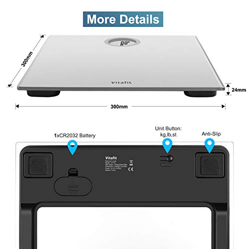 Vitafit Báscula de Baño Digital de Alta Medición Precisa 180kg/400lbs con Tecnología Step-On,Pantalla LCD, Elegante Plata