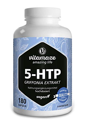 Vitamaze® 5-HTP 200mg Fuerte Cápsulas de Extracto de Semillas de Griffonia, 180 Cápsulas Vegano por 6 Meses, Naturales Ingrediente Activo Puro de Semillas de Frijol Negro, sin Aditivos Innecesarios