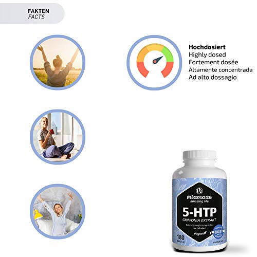 Vitamaze® 5-HTP 200mg Fuerte Cápsulas de Extracto de Semillas de Griffonia, 180 Cápsulas Vegano por 6 Meses, Naturales Ingrediente Activo Puro de Semillas de Frijol Negro, sin Aditivos Innecesarios