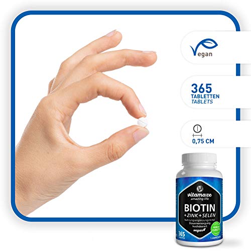 Vitamaze® Biotina 10000 mcg de Dosis Alta + Selenio + Zinc para Crecimiento del Cabello, Cabello y Uñas - 365 Tabletas Veganas para 1 Año, Calidad Alemana, sin Aditivos Innecesarios