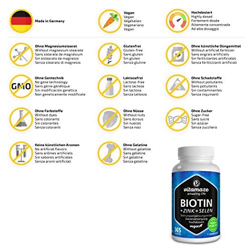 Vitamaze® Biotina 10000 mcg de Dosis Alta + Selenio + Zinc para Crecimiento del Cabello, Cabello y Uñas - 365 Tabletas Veganas para 1 Año, Calidad Alemana, sin Aditivos Innecesarios Vitamaze® Biotina 10000 mcg de Dosis Alta + Selenio + Zinc para Crecimiento del Cabello, Cabello y Uñas - 365 Tabletas Veganas para 1 Año, Calidad Alemana, sin Aditivos Innecesarios