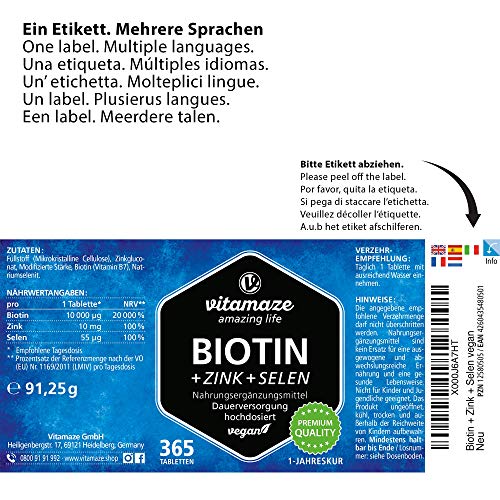 Vitamaze® Biotina 10000 mcg de Dosis Alta + Selenio + Zinc para Crecimiento del Cabello, Cabello y Uñas - 365 Tabletas Veganas para 1 Año, Calidad Alemana, sin Aditivos Innecesarios