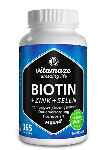 Vitamaze® Biotina 10000 mcg de Dosis Alta + Selenio + Zinc para Crecimiento del Cabello, Cabello y Uñas - 365 Tabletas Veganas para 1 Año, Calidad Alemana, sin Aditivos Innecesarios Vitamaze® Biotina 10000 mcg de Dosis Alta + Selenio + Zinc para Crecimiento del Cabello, Cabello y Uñas - 365 Tabletas Veganas para 1 Año, Calidad Alemana, sin Aditivos Innecesarios