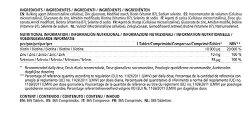 Vitamaze® Biotina 10000 mcg de Dosis Alta + Selenio + Zinc para Crecimiento del Cabello, Cabello y Uñas - 365 Tabletas Veganas para 1 Año, Calidad Alemana, sin Aditivos Innecesarios