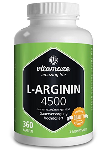 Vitamaze® L-Arginina 4500 mg Altamente Concentrada, 360 Cápsulas para 3 Meses, Adecuado para las Personas Alérgicas, Pura Natural L-Arginine HCL sin Aditivos Innecesarios, Calidad Alemana