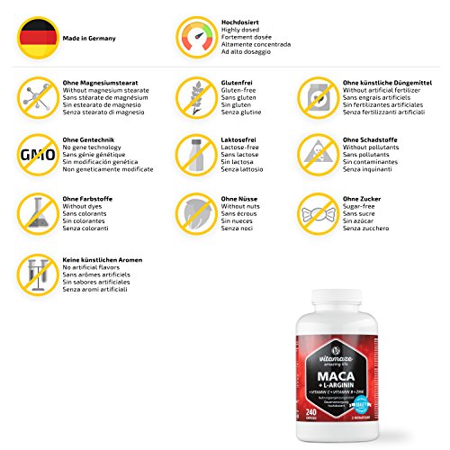 Vitamaze® Maca Pura Cápsulas de Alta Dosis 4000 mg + L-Arginina + Vitaminas + Zinc, 240 Cápsulas por 2 Meses, Maca Peruana de los Andina, sin Aditivos Innecesarios, Calidad Alemana Vitamaze® Maca Pura Cápsulas de Alta Dosis 4000 mg + L-Arginina + Vitaminas + Zinc, 240 Cápsulas por 2 Meses, Maca Peruana de los Andina, sin Aditivos Innecesarios, Calidad Alemana