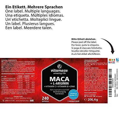 Vitamaze® Maca Pura Cápsulas de Alta Dosis 4000 mg + L-Arginina + Vitaminas + Zinc, 240 Cápsulas por 2 Meses, Maca Peruana de los Andina, sin Aditivos Innecesarios, Calidad Alemana Vitamaze® Maca Pura Cápsulas de Alta Dosis 4000 mg + L-Arginina + Vitaminas + Zinc, 240 Cápsulas por 2 Meses, Maca Peruana de los Andina, sin Aditivos Innecesarios, Calidad Alemana
