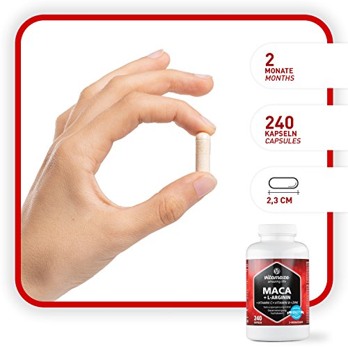 Vitamaze® Maca Pura Cápsulas de Alta Dosis 4000 mg + L-Arginina + Vitaminas + Zinc, 240 Cápsulas por 2 Meses, Maca Peruana de los Andina, sin Aditivos Innecesarios, Calidad Alemana Vitamaze® Maca Pura Cápsulas de Alta Dosis 4000 mg + L-Arginina + Vitaminas + Zinc, 240 Cápsulas por 2 Meses, Maca Peruana de los Andina, sin Aditivos Innecesarios, Calidad Alemana