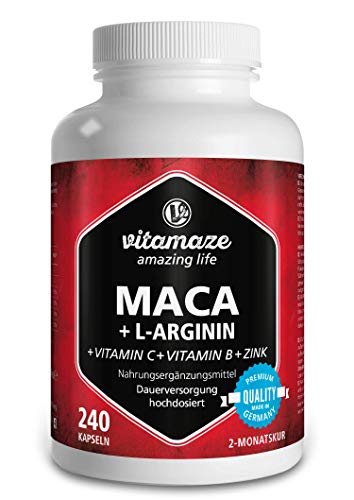 Vitamaze® Maca Pura Cápsulas de Alta Dosis 4000 mg + L-Arginina + Vitaminas + Zinc, 240 Cápsulas por 2 Meses, Maca Peruana de los Andina, sin Aditivos Innecesarios, Calidad Alemana Vitamaze® Maca Pura Cápsulas de Alta Dosis 4000 mg + L-Arginina + Vitaminas + Zinc, 240 Cápsulas por 2 Meses, Maca Peruana de los Andina, sin Aditivos Innecesarios, Calidad Alemana