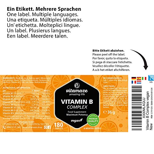 Vitamaze® Vitamina B Complex con 180 Tabletas Veganas de Dosis Alta del para 6 Meses de Suministro B1, B2, B3, B5, B6, B7, B9, B12, Organica Suplemento sin Aditivos Innecesarios, Calidad Alemana