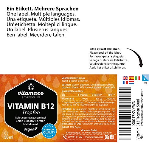 Vitamina B12 Gotas 500 mcg Alta Dosis por Diaria, Vitamina B12 Vegano y Líquido 50 ml (1700 Gotas), Metilcobalamina y Adenosilcobalamina, Alta Biodisponibilidad, sin Aditivos Innecesarios