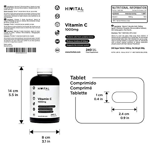 Vitamina C 1000 mg. 240 comprimidos veganos de Vitamina C pura (Tratamiento para 8 meses). Producto desarrollado y fabricado en España por Laboratorios HIVITAL.
