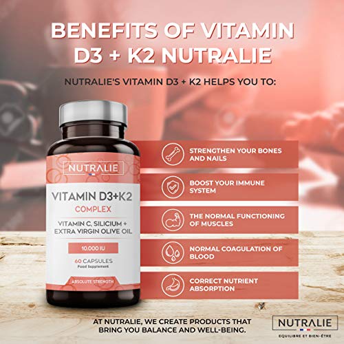Vitamina D3 10.000 UI + K2 MK7 Alta Dosis | Contribuye al Sistema Inmunitario, Huesos y Músculos con Vitamina D3, K2, C, Silicio y Aceite de Oliva Virgen Extra | 60 cápsulas Nutralie Vitamina D3 10.000 UI + K2 MK7 Alta Dosis | Contribuye al Sistema Inmunitario, Huesos y Músculos con Vitamina D3, K2, C, Silicio y Aceite de Oliva Virgen Extra | 60 cápsulas Nutralie