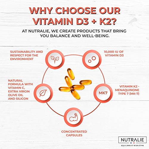 Vitamina D3 10.000 UI + K2 MK7 Alta Dosis | Contribuye al Sistema Inmunitario, Huesos y Músculos con Vitamina D3, K2, C, Silicio y Aceite de Oliva Virgen Extra | 60 cápsulas Nutralie Vitamina D3 10.000 UI + K2 MK7 Alta Dosis | Contribuye al Sistema Inmunitario, Huesos y Músculos con Vitamina D3, K2, C, Silicio y Aceite de Oliva Virgen Extra | 60 cápsulas Nutralie