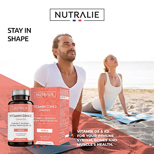 Vitamina D3 10.000 UI + K2 MK7 Alta Dosis | Contribuye al Sistema Inmunitario, Huesos y Músculos con Vitamina D3, K2, C, Silicio y Aceite de Oliva Virgen Extra | 60 cápsulas Nutralie Vitamina D3 10.000 UI + K2 MK7 Alta Dosis | Contribuye al Sistema Inmunitario, Huesos y Músculos con Vitamina D3, K2, C, Silicio y Aceite de Oliva Virgen Extra | 60 cápsulas Nutralie