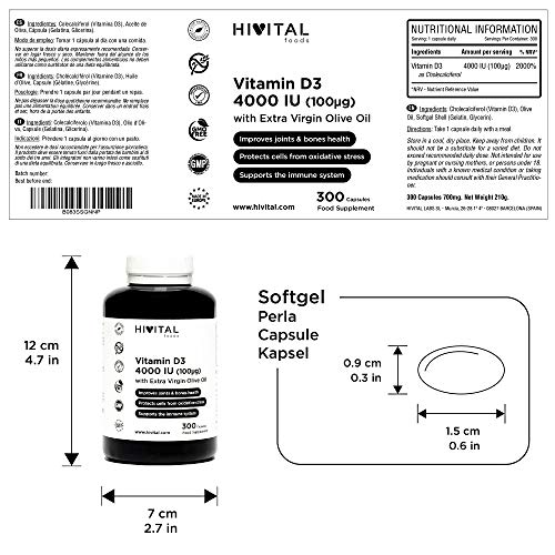 Vitamina D3 4000 UI | 300 perlas para 10 meses | Vitamina D Natural Colecalciferol con Aceite de Oliva Virgen Extra | Mantiene las articulaciones y huesos sanos, y mejora el sistema inmunológico