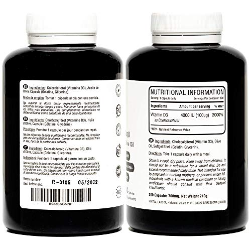 Vitamina D3 4000 UI | 300 perlas para 10 meses | Vitamina D Natural Colecalciferol con Aceite de Oliva Virgen Extra | Mantiene las articulaciones y huesos sanos, y mejora el sistema inmunológico Vitamina D3 4000 UI | 300 perlas para 10 meses | Vitamina D Natural Colecalciferol con Aceite de Oliva Virgen Extra | Mantiene las articulaciones y huesos sanos, y mejora el sistema inmunológico