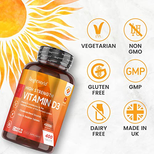 Vitamina D3 4000 UI Dosis Alta - 400 Días de Suministro, Vitamina D Colecalciferol Vegetariano Contribuye a la Función Normal del Sistema Inmunológico, Para los Músculos y Huesos, 400 Comprimidos