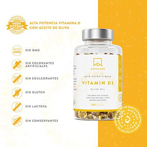 Vitamina D3 [5000 UI] Pura Altamente Concentrada - Vit D3 con Aceite de Oliva Extra Virgen para una Absorción Óptima - Favorece la Función Ósea e Inmunológica - Complemento Alimenticio de 365 Cápsulas