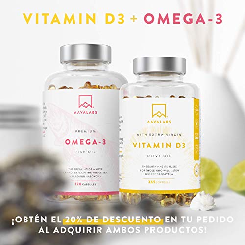 Vitamina D3 [5000 UI] Pura Altamente Concentrada - Vit D3 con Aceite de Oliva Extra Virgen para una Absorción Óptima - Favorece la Función Ósea e Inmunológica - Complemento Alimenticio de 365 Cápsulas