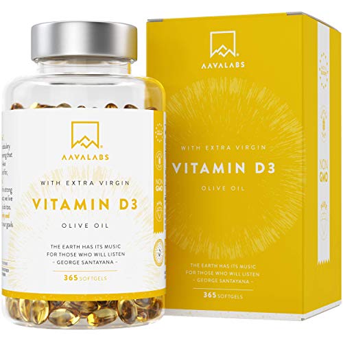 Vitamina D3 [5000 UI] Pura Altamente Concentrada - Vit D3 con Aceite de Oliva Extra Virgen para una Absorción Óptima - Favorece la Función Ósea e Inmunológica - Complemento Alimenticio de 365 Cápsulas