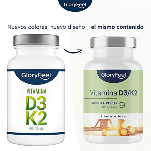 Vitamina D3 5.000 UI + Vitamina K2 MK-7 200µg - 200 Tabletas - Apoya la absorción del calcio, huesos, músculos, articulaciones y sistema arterial - K2 de 99,7+% All Trans MK7 (K2VITAL® de Kappa)