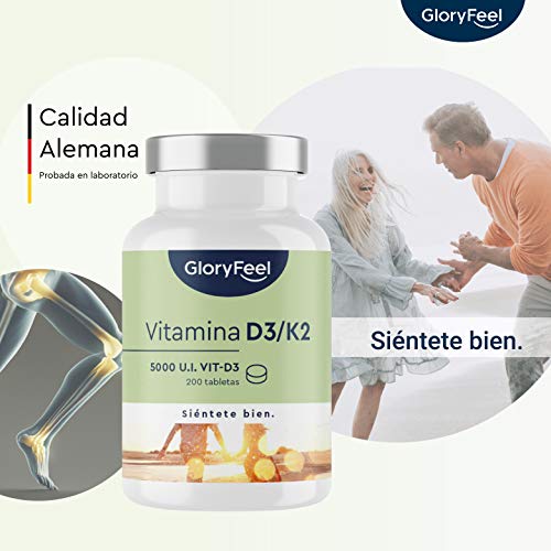 Vitamina D3 5.000 UI + Vitamina K2 MK-7 200µg - 200 Tabletas - Apoya la absorción del calcio, huesos, músculos, articulaciones y sistema arterial - K2 de 99,7+% All Trans MK7 (K2VITAL® de Kappa)