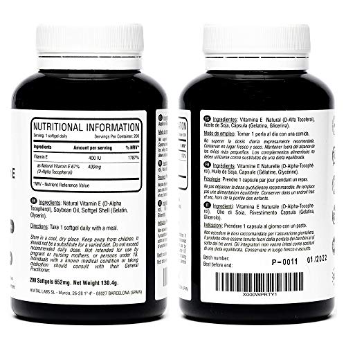 Vitamina E Natural 400 UI | 200 perlas, (Más de 6 meses de suministro) | Potente antioxidante que protege las células del estrés oxidativo, mejora el sistema inmune y favorece la salud cardiovascular.