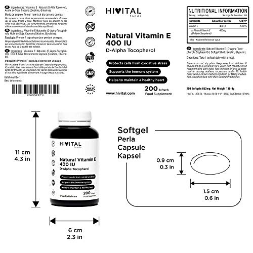 Vitamina E Natural 400 UI | 200 perlas, (Más de 6 meses de suministro) | Potente antioxidante que protege las células del estrés oxidativo, mejora el sistema inmune y favorece la salud cardiovascular.