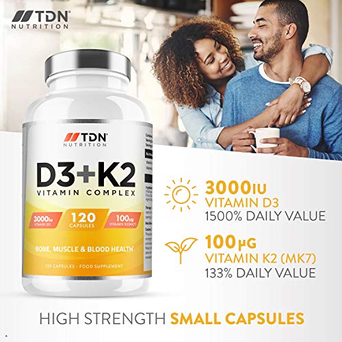 Vitaminas D3 3.000 UI y K2 100ug (MK7) - Vitamina D3 K2-120 Vegetarianas -Ingredientes Calidad - Suplemento Vitamina D - Refuerzo Huesos, Músculos, Sangre Sistema Inmunológico para Hombres y Mujeres