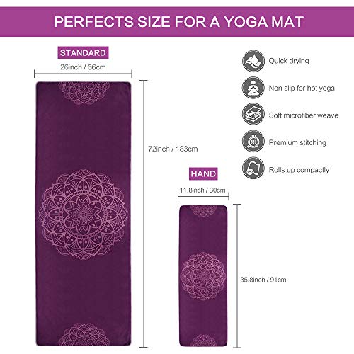 VIVOTE Juego de Toallas de Yoga de Microfibra, Toalla de esterilla de yoga de 183x66 CM, Toalla de Mano de 91x30 CM, Bolsillos de Esquina Antideslizantes, Peso Ligero, Toalla de Sudor (Mandala Morado)