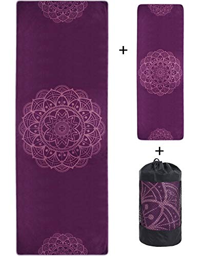 VIVOTE Juego de Toallas de Yoga de Microfibra, Toalla de esterilla de yoga de 183x66 CM, Toalla de Mano de 91x30 CM, Bolsillos de Esquina Antideslizantes, Peso Ligero, Toalla de Sudor (Mandala Morado)