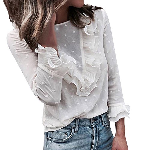 VJGOAL Moda Mujer Casual Encaje Sexy Lunares O Cuello Dulce Volante Camiseta Manga Larga Tops Blusa