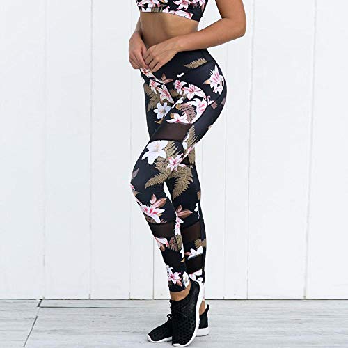 VJGOAL Mujeres Moda Casual Estampado de Flores Sexy Malla Empalme Pantalones de Yoga Cintura Alta Deportes Correr Fitness Pantalones Elasticidad Leggings Pantalones