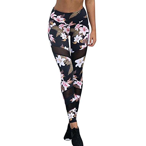 VJGOAL Mujeres Moda Casual Estampado de Flores Sexy Malla Empalme Pantalones de Yoga Cintura Alta Deportes Correr Fitness Pantalones Elasticidad Leggings Pantalones