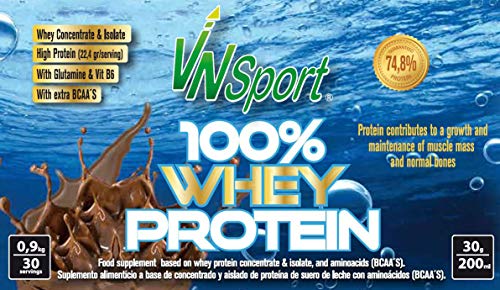 VnSport - Proteínas Whey 100% Suplemento Deportivo | Proteína Láctea Isolate con Bcaa's Glutamina, Vitamina B6 y Glicina, 900gr, Sabor Chocolate
