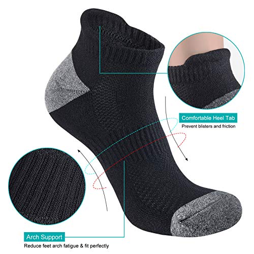 VoJoPi 5 Pares Calcetines Running Hombre, Calcetines Deporte Tobilleros con Anti-Rozaduras, Calcetines Algodon Transpirables para Fitness, Maratón, Tenis 39-46, Negro& gris