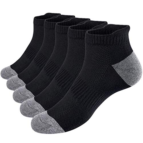 VoJoPi 5 Pares Calcetines Running Hombre, Calcetines Deporte Tobilleros con Anti-Rozaduras, Calcetines Algodon Transpirables para Fitness, Maratón, Tenis 39-46, Negro& gris