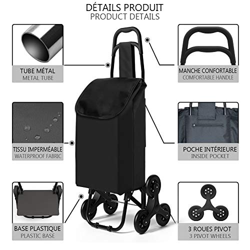 VOUNOT Carro de la Compra Plegable con 6 Ruedas, para Subir Escaleras, Bolsa Impermeable de 35 L, Negro VOUNOT Carro de la Compra Plegable con 6 Ruedas, para Subir Escaleras, Bolsa Impermeable de 35 L, Negro