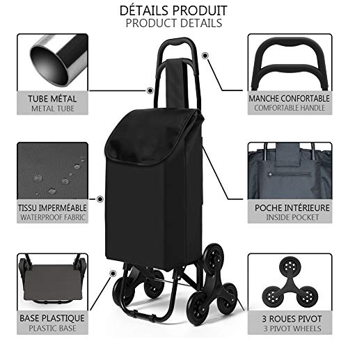 VOUNOT Carro de la Compra Plegable con 6 Ruedas, para Subir Escaleras, Bolsa Impermeable de 35 L, Negro