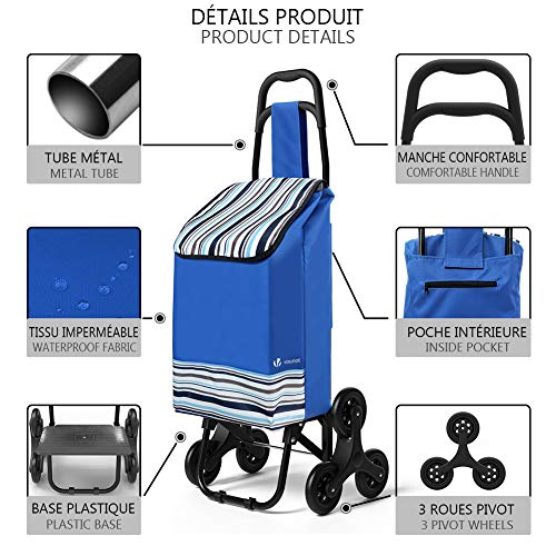 VOUNOT Carro de la Compra Plegables con 6 Ruedas, para Subir Escaleras, Bolsa Impermeable de 35 L, Azul