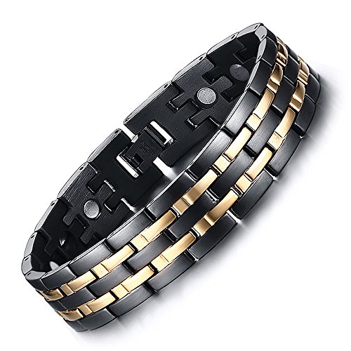 Vyaaa Para Hombre 18K Pulseras Acero Inoxidable de la salud magnéticos oro Negro Ajustable 21.5cm con Caja de Regalo